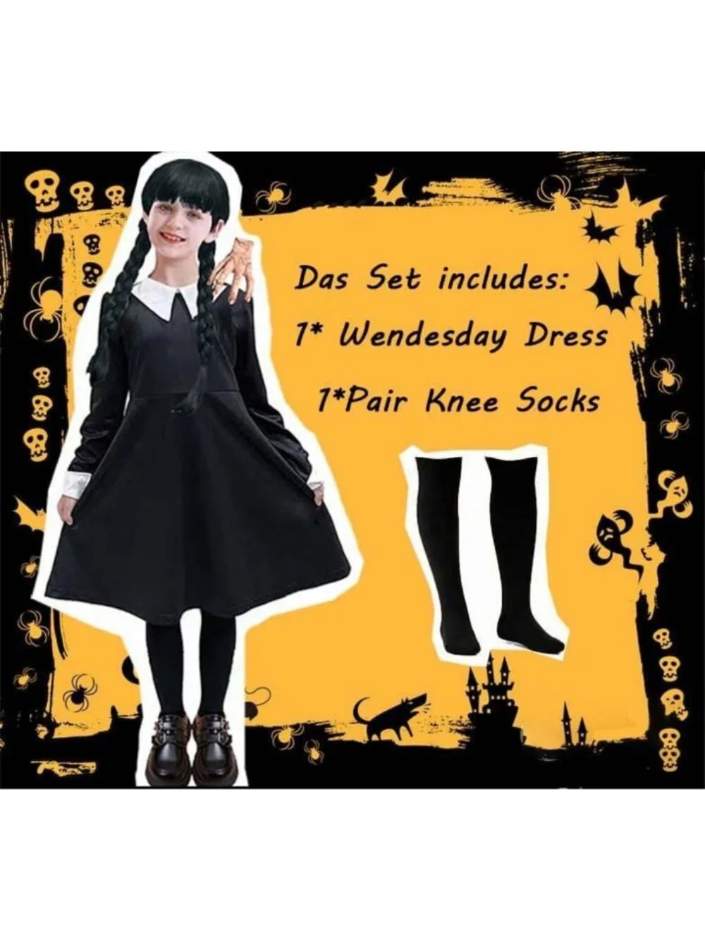 Girls' Merlina Halloween Costume - Black Dress, Socks, Earrings & Stickers
